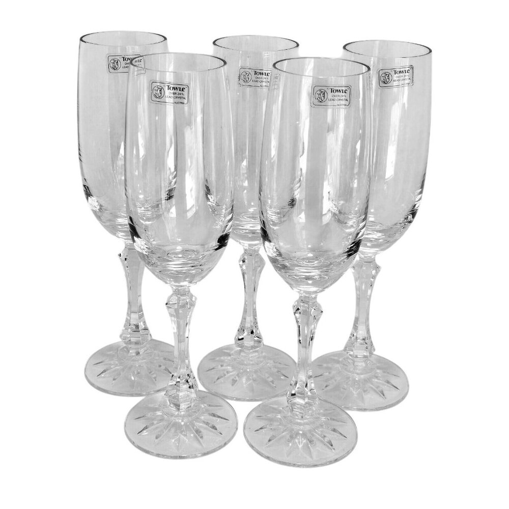 5 Towle Crystal Fantasy Champagne Glasses 9" 1980s cut fine stemware vtg Austria